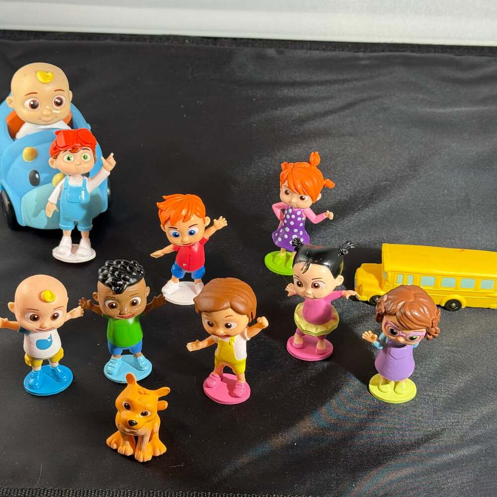 CoComelon Friends and Family Toy Figure Lot with Blue Dino Car and School Bus